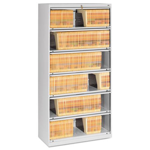 Enclosed Fixed-Shelf Lateral File with Retractable Doors, 6 Legal/Letter Size Shelves, 36" x 16.5" x 75.25", Light Gray. Picture 1