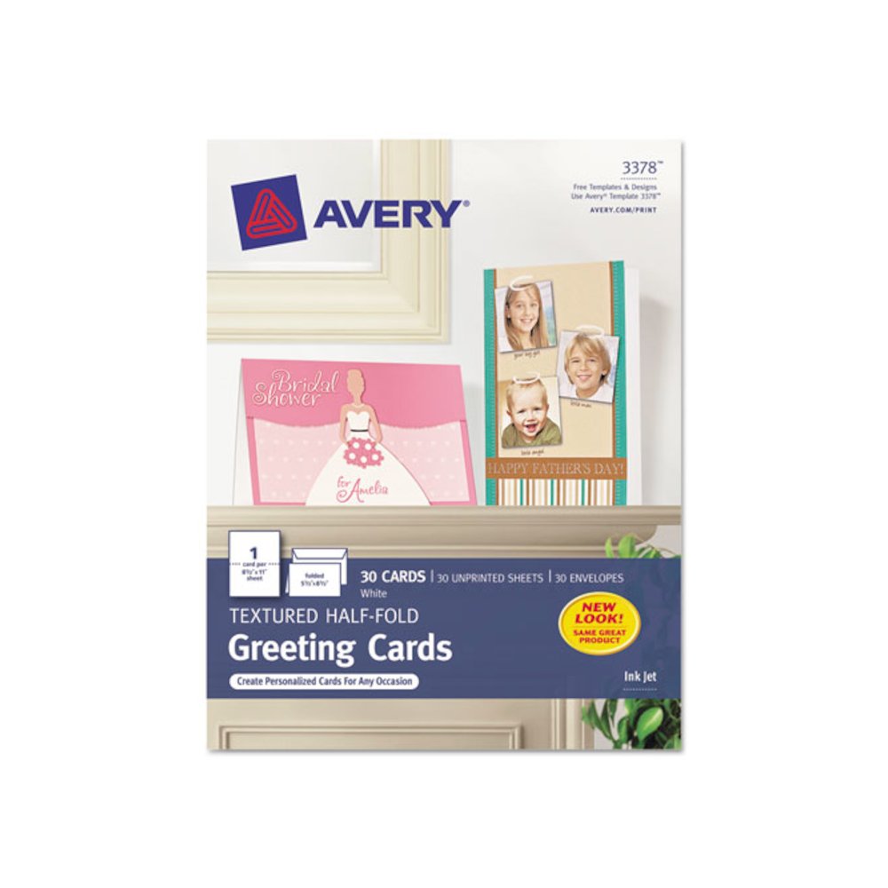 Half-Fold Greeting Cards with Envelopes, Inkjet, 65 lb, 5.5 x 8.5, Textured Uncoated White, 1 Card/Sheet, 30 Sheets/Box. Picture 1
