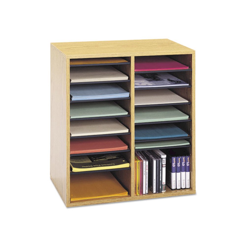 Wood/Laminate Literature/CD Sorter, 16 Compartments, 19.5 x 11.75 x 21, Medium Oak. Picture 2