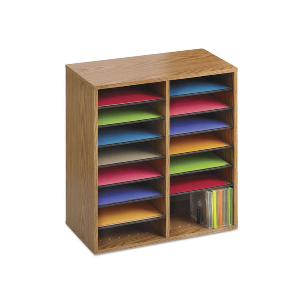 Wood/Laminate Literature/CD Sorter, 16 Compartments, 19.5 x 11.75 x 21, Medium Oak. Picture 3
