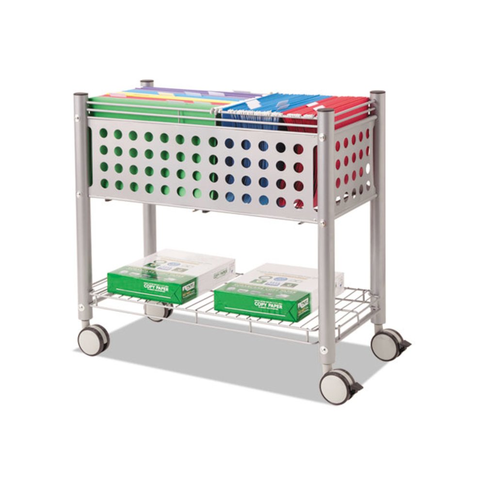 File Cart with Open Top, Metal, 1 Shelf, 2 Bins, 28.25" x 13.75" x 27.38", Matte Gray. Picture 2