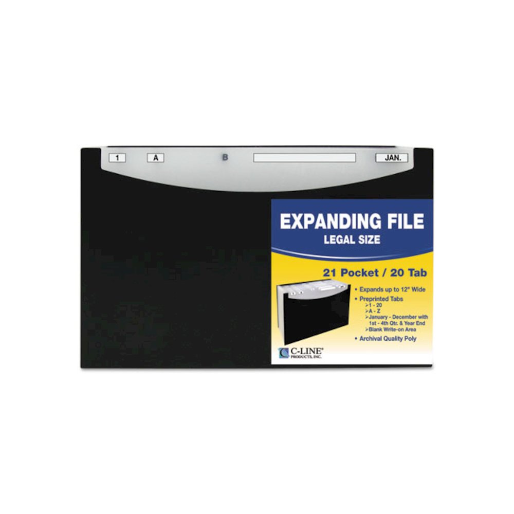 21-Pocket Stand-Up Design Expanding File, 12" Expansion, 21 Sections, 1/5-Cut Tabs, Legal Size, Black. Picture 1