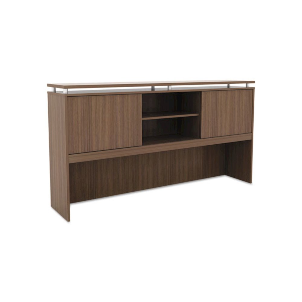 Alera Sedina Series Hutch with Sliding Doors, 72w x 15d x 42.5h, Modern Walnut. Picture 1