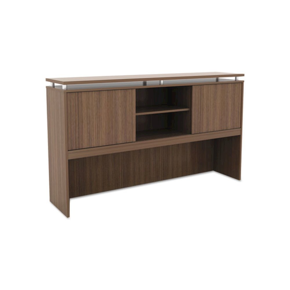 Alera Sedina Series Hutch with Sliding Doors, 66w x 15d x 42.5h, Modern Walnut. Picture 1