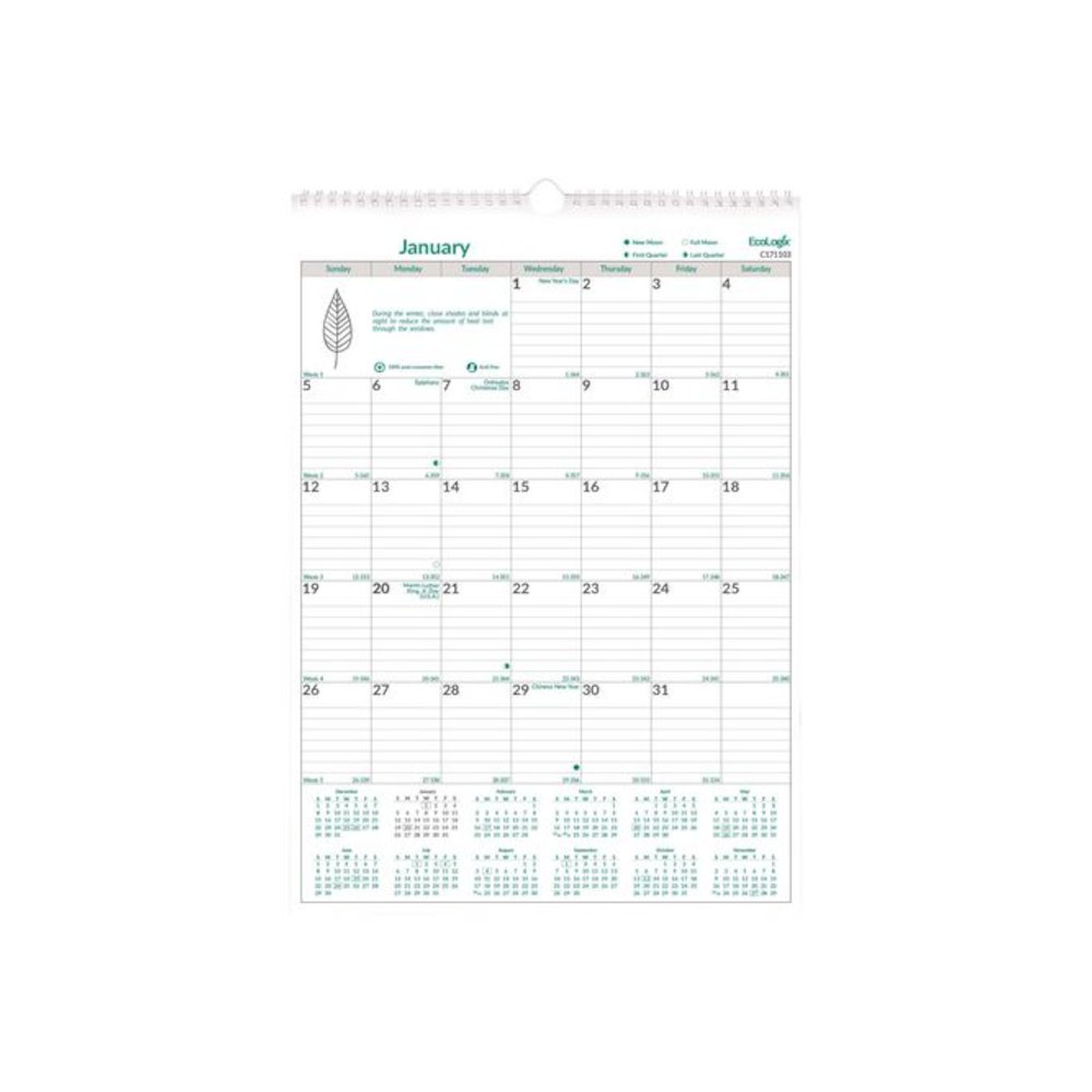 EcoLogix Monthly Wall Calendar, EcoLogix Artwork, 12 x 17, White/Green Sheets, 12-Month (Jan to Dec): 2026. Picture 1