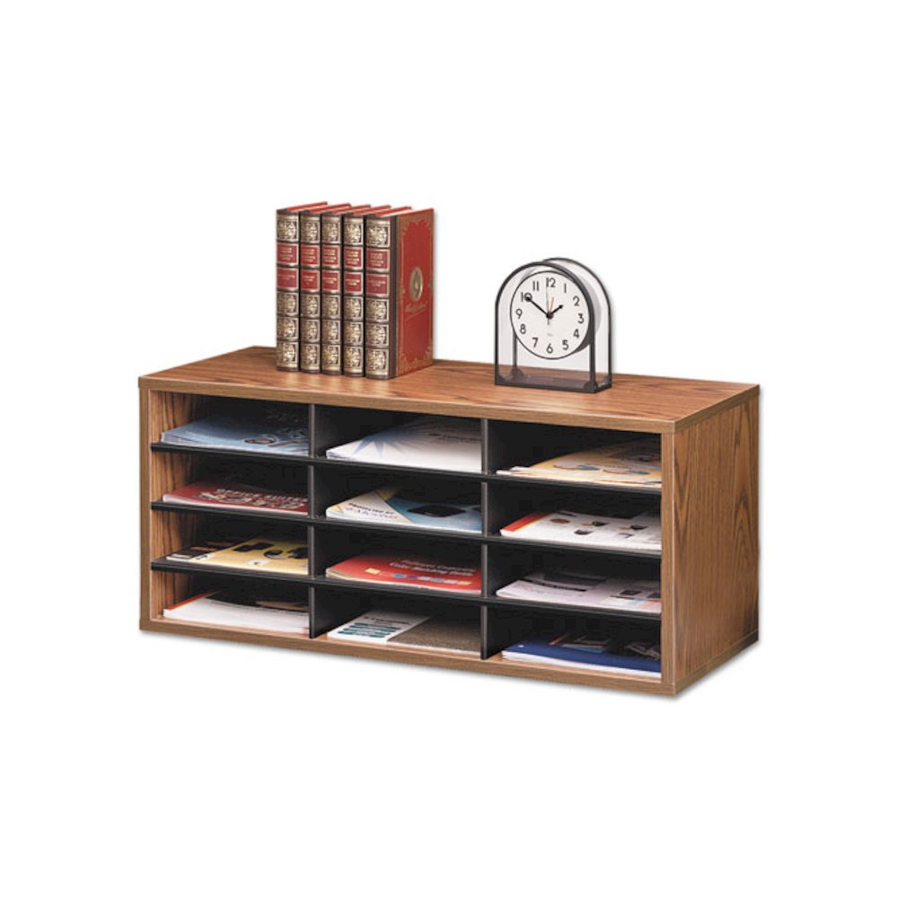 Particle Board Desktop Sorter, 12 Compartments, 29 x 11.88 x 12.94, Medium Oak. Picture 1