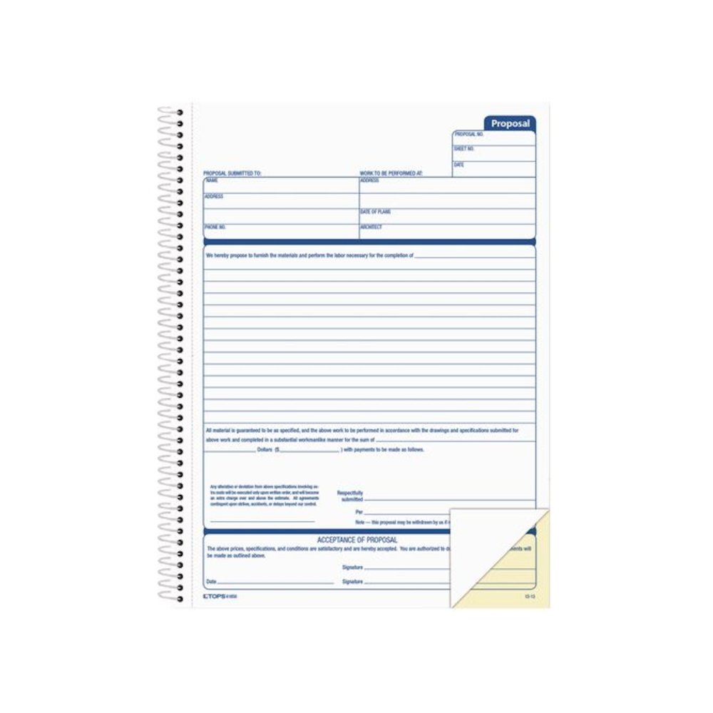 Spiralbound Proposal Form Book, Two-Part Carbonless, 11 x 8.5, 50 Forms Total. Picture 1
