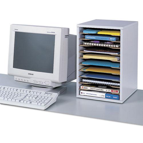 Wood Vertical Desktop Sorter, 11 Compartments, 10.63 x 11.88 x 16, Medium Oak. Picture 4
