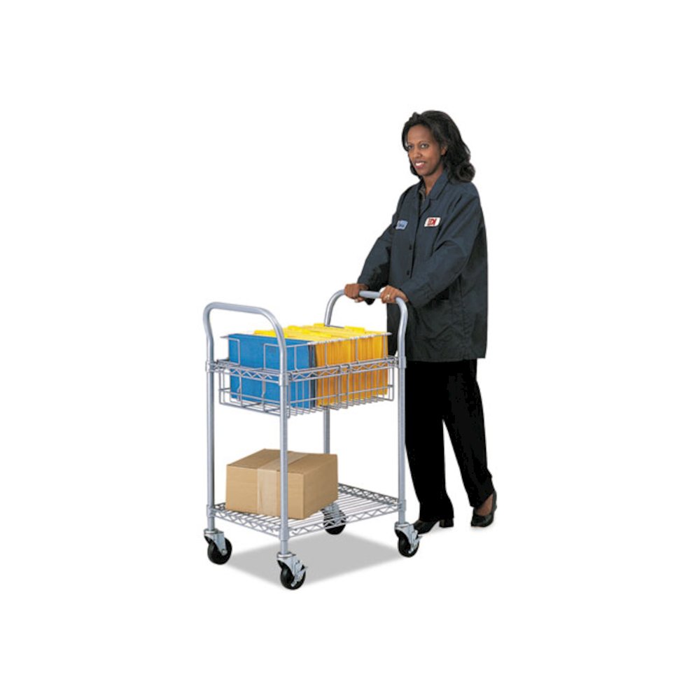 Dual-Purpose Wire Mail and Filing Cart, Metal, 1 Shelf, 1 Bin, 26.75" x 18.75" x 38.5", Metallic Gray. Picture 3