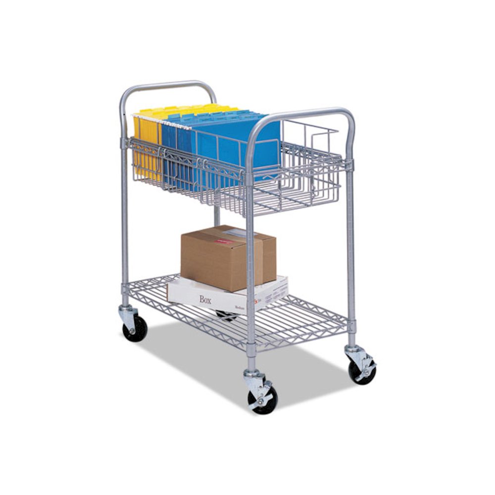 Dual-Purpose Wire Mail and Filing Cart, Metal, 1 Shelf, 1 Bin, 26.75" x 18.75" x 38.5", Metallic Gray. Picture 2