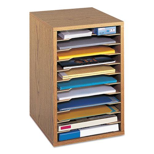 Wood Vertical Desktop Sorter, 11 Compartments, 10.63 x 11.88 x 16, Medium Oak. Picture 1
