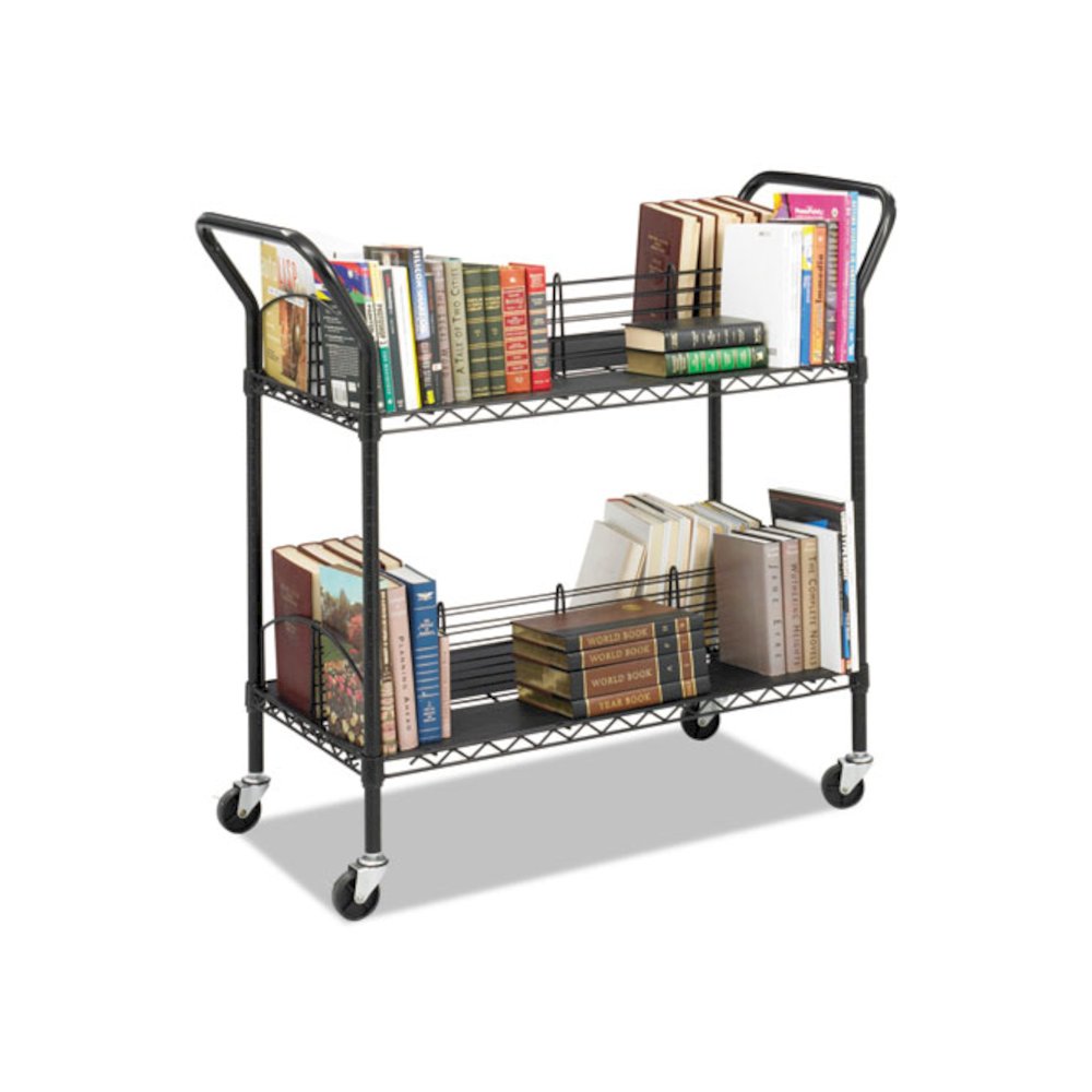 Wire Book Cart, Metal, 4 Shelves, 200 lb Capacity, 44" x 18.75" x 40.25", Black. Picture 1