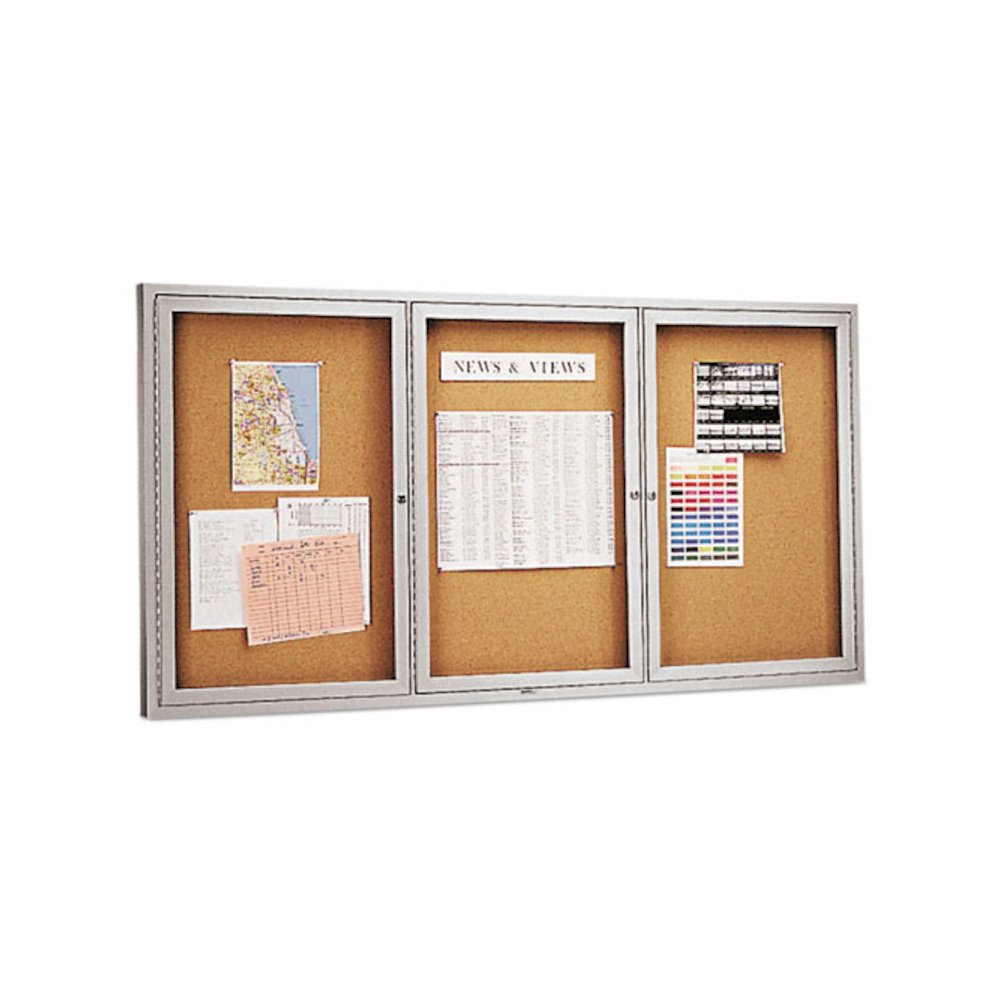 Enclosed Indoor Cork Bulletin Board with Three Hinged Doors, 72" x 36", Tan Surface, Satin Aluminum Frame. Picture 2
