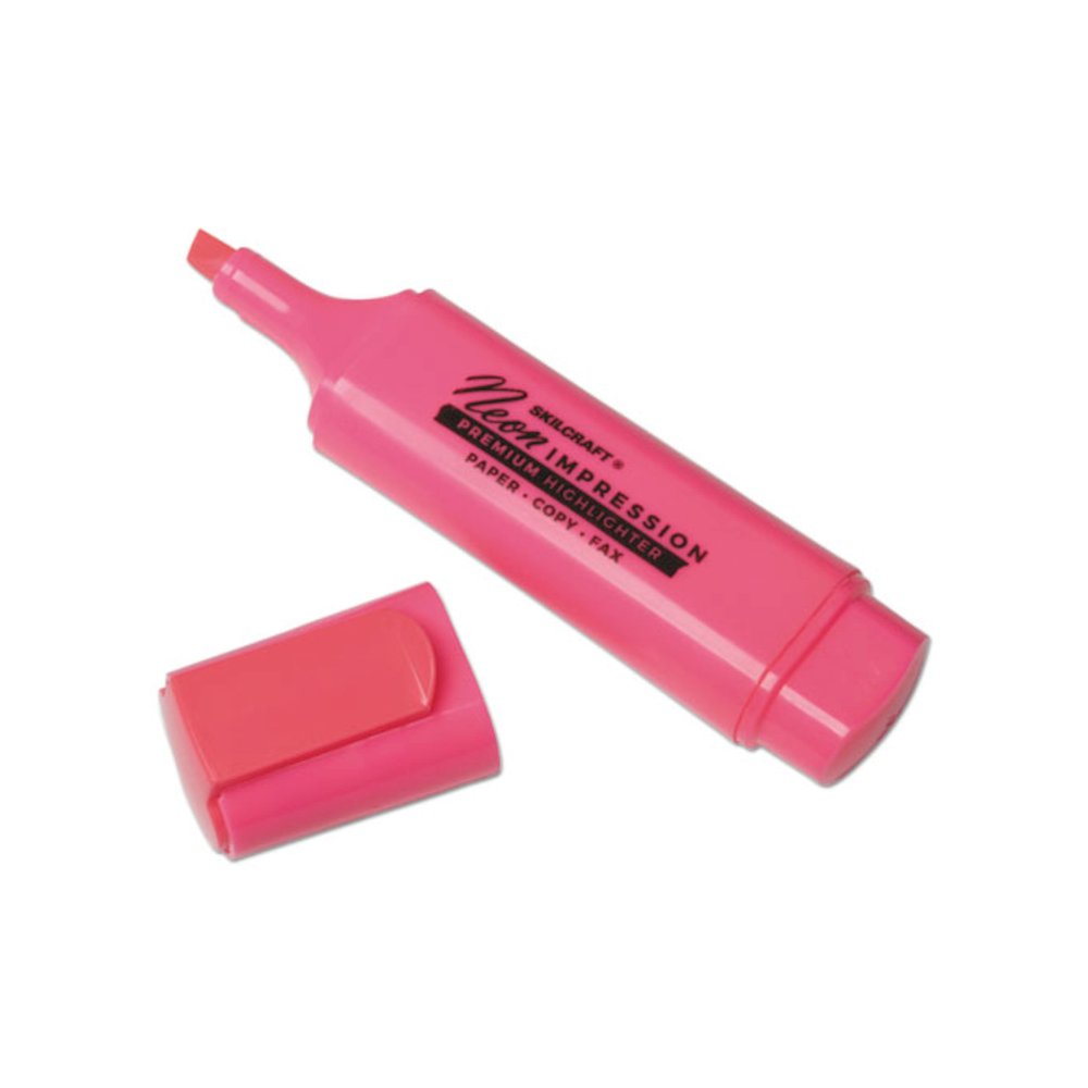 7520013519146, SKILCRAFT Flat Fluorescent Highlighter, Fluorescent Pink Ink, Chisel Tip, Pink Barrel, Dozen. Picture 1