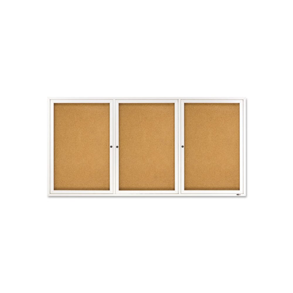 Enclosed Indoor Cork Bulletin Board with Three Hinged Doors, 72" x 36", Tan Surface, Satin Aluminum Frame. Picture 1