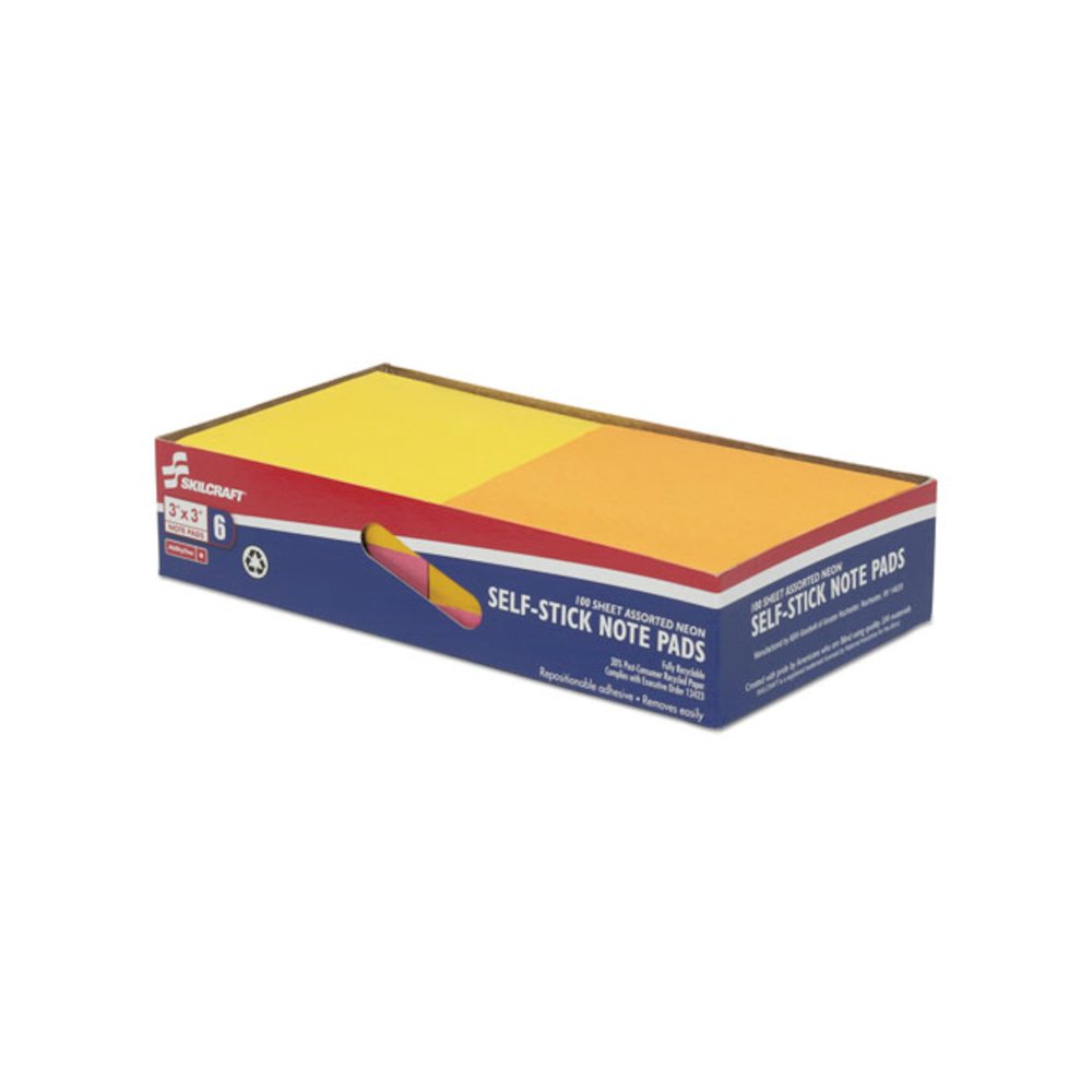 7530014181281, SKILCRAFT Self-Stick Note Pads, 3" x 3", Assorted Neon Colors, 100 Sheets/Pad, 6 Pads/Pack. Picture 1