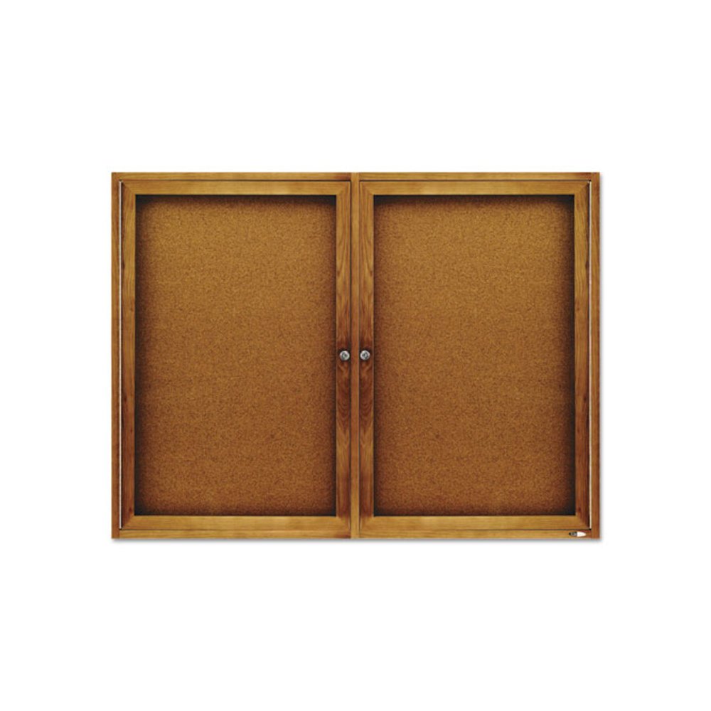 Enclosed Indoor Cork Bulletin Board with Two Hinged Doors, 48" x 36", Tan Surface, Oak Finished Fiberboard (MDF) Frame. Picture 2