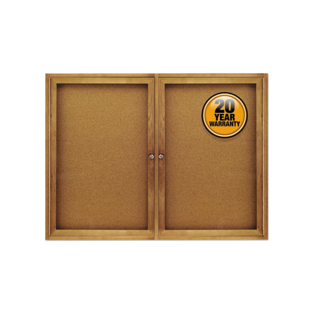 Enclosed Indoor Cork Bulletin Board with Two Hinged Doors, 48" x 36", Tan Surface, Oak Finished Fiberboard (MDF) Frame. Picture 1