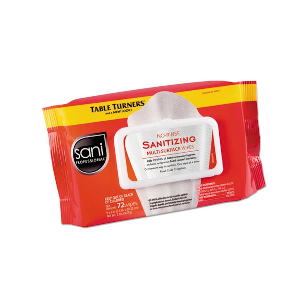 No-Rinse Sanitizing Multi-Surface Wipes, 1-Ply, 8 x 9, Unscented, White, 72 Wipes/Pack, 12 Packs/Carton. Picture 2