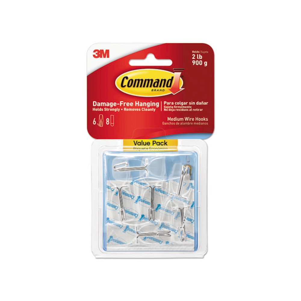 Medium Clear Wire Hooks, Metal Wire, Silver/Clear, Supports 2 lb, 6/Pack. Picture 1