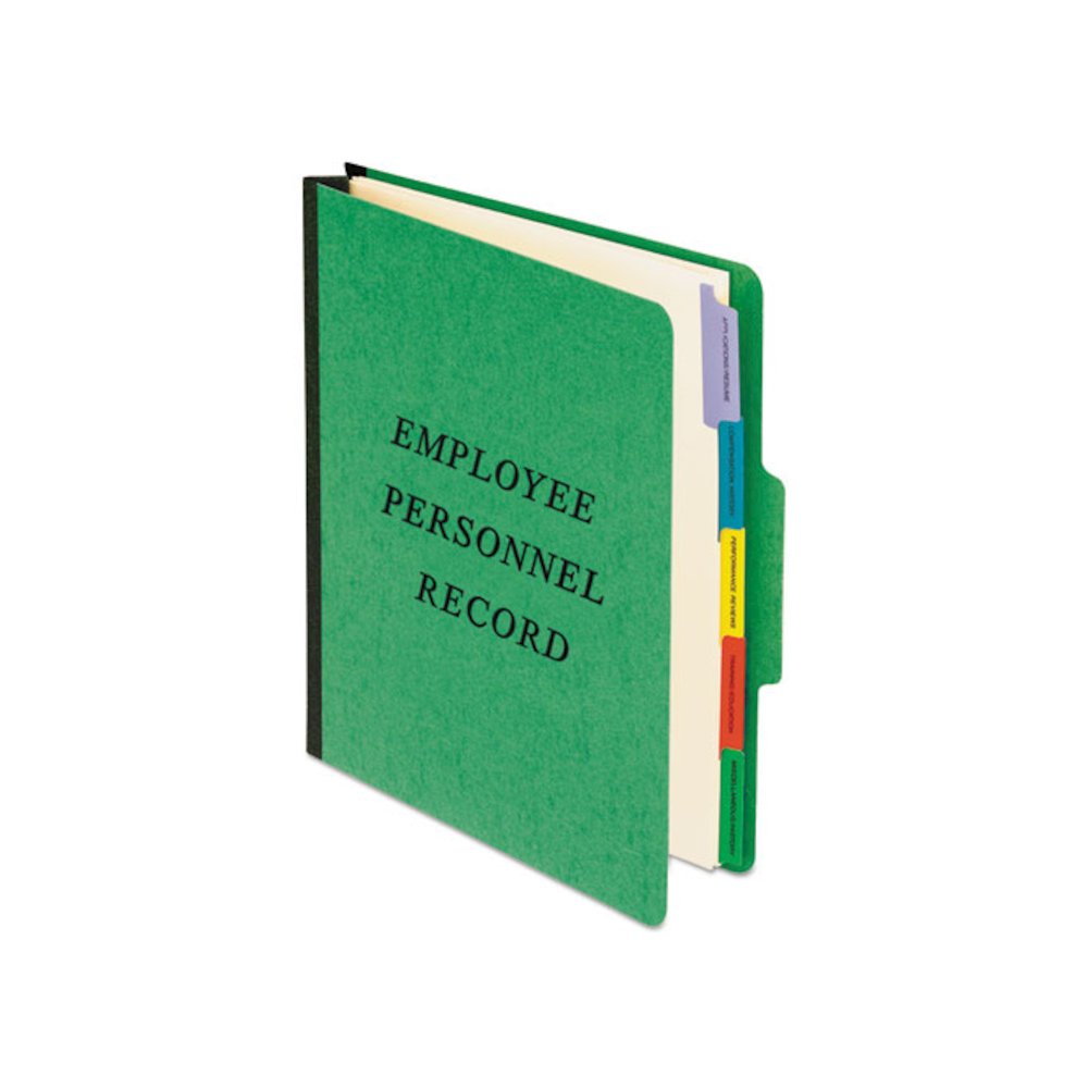 Vertical-Style Personnel Folders, 1/3-Cut Tab: Center, Expands 2", 5 Dividers, 2 Fasteners, Letter Size, Green. Picture 1