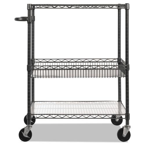 Three-Tier Wire Cart with Basket, Metal, 2 Shelves, 1 Bin, 500 lb Capacity, 34" x 18" x 40", Black Anthracite. Picture 2