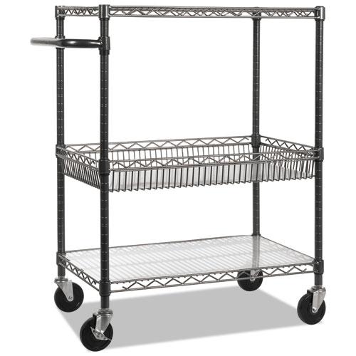 Three-Tier Wire Cart with Basket, Metal, 2 Shelves, 1 Bin, 500 lb Capacity, 34" x 18" x 40", Black Anthracite. Picture 3