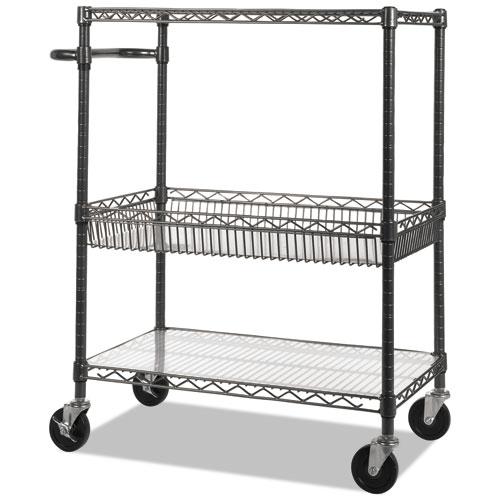 Three-Tier Wire Cart with Basket, Metal, 2 Shelves, 1 Bin, 500 lb Capacity, 34" x 18" x 40", Black Anthracite. Picture 1