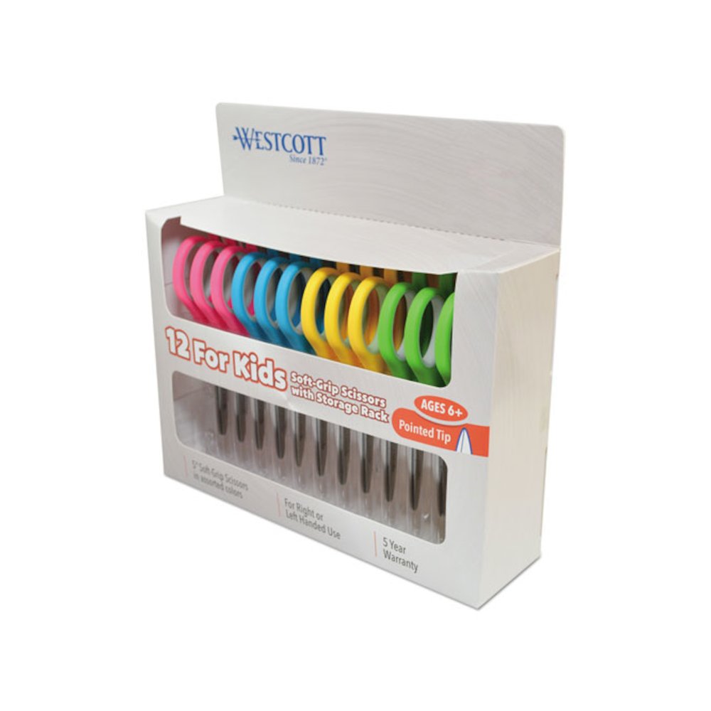 Soft Handle Kids Scissors, Pointed Tip, 5" Long, 1.75" Cut Length, Straight Assorted Color Handles, 12/Pack. Picture 1