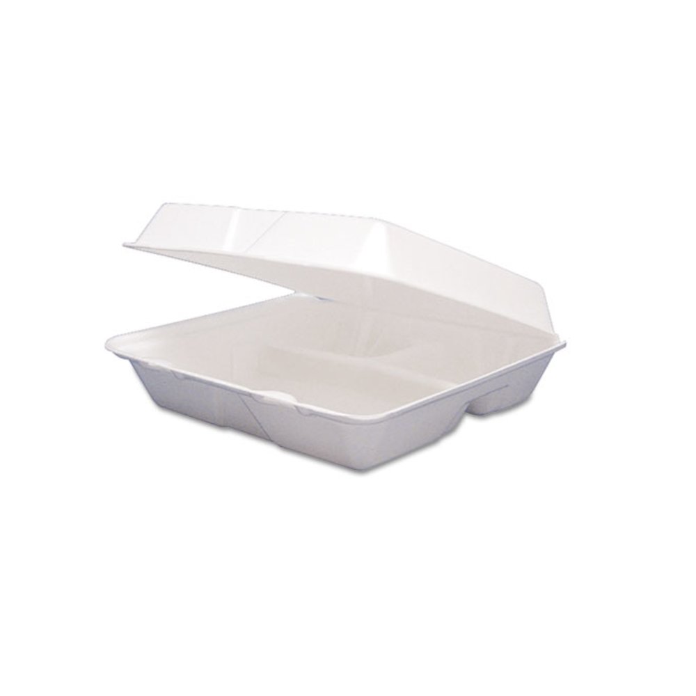 Foam Hinged Lid Containers, 3 Compartments, 9.25 x 9.5 x 3, White, 100/Sleeve, 2 Sleeves/Carton. Picture 4