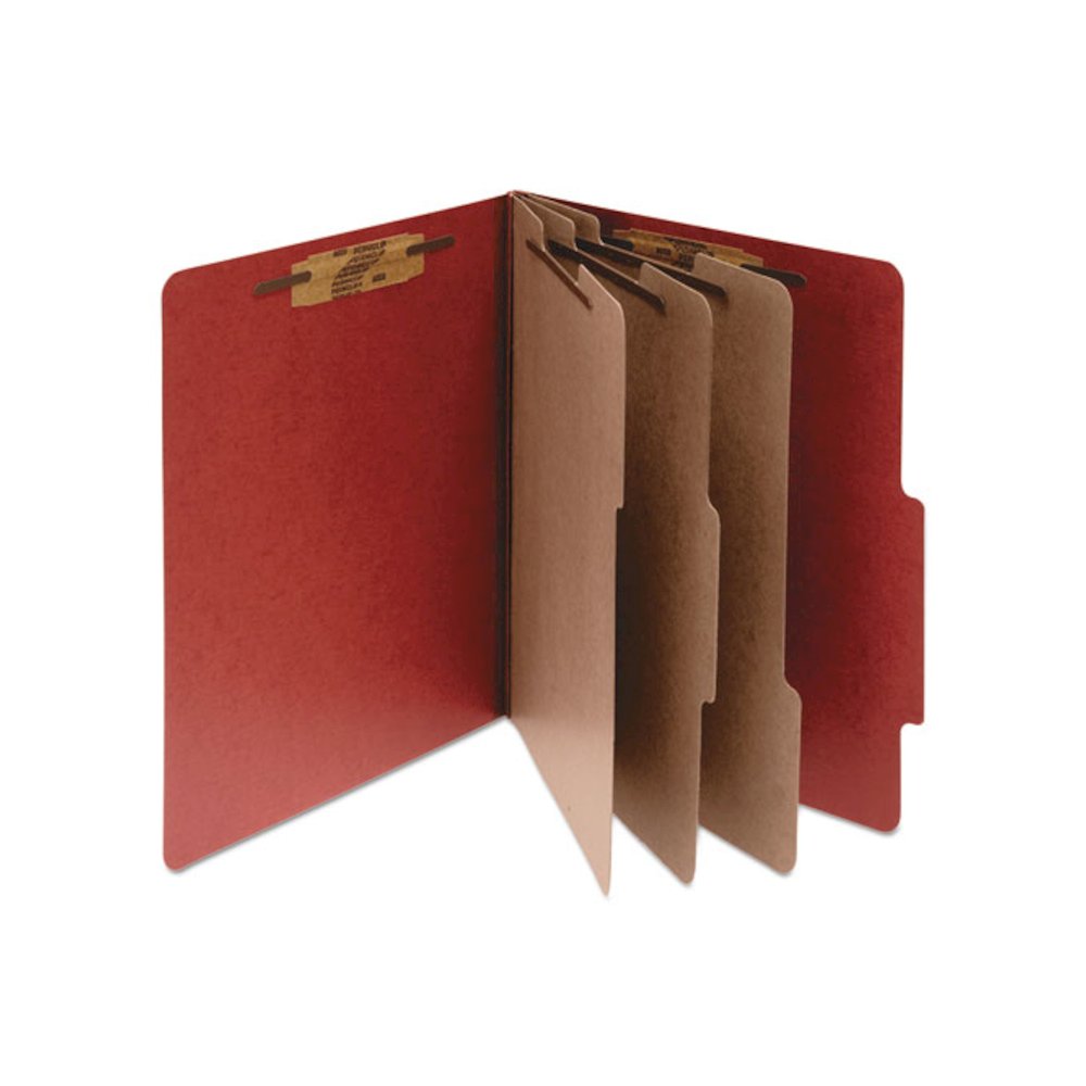 Pressboard Classification Folders, 2/5-Cut Tab, Expands 4", 3 Dividers, 8 Fasteners, Legal Size, Earth Red, 10/Box. Picture 1