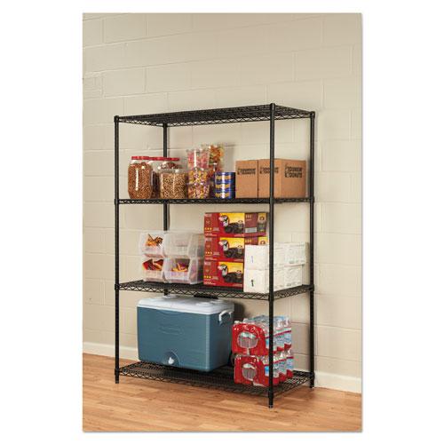 NSF Certified Industrial Four-Shelf Wire Shelving Kit, 48w x 24d x 72h, Black. Picture 3