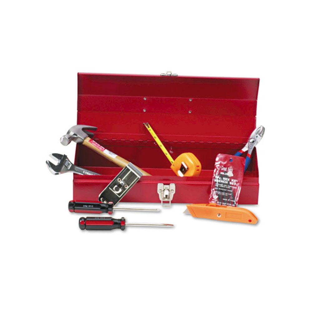 16-Piece Light-Duty Office Tool Kit, Metal Box, Red. Picture 1