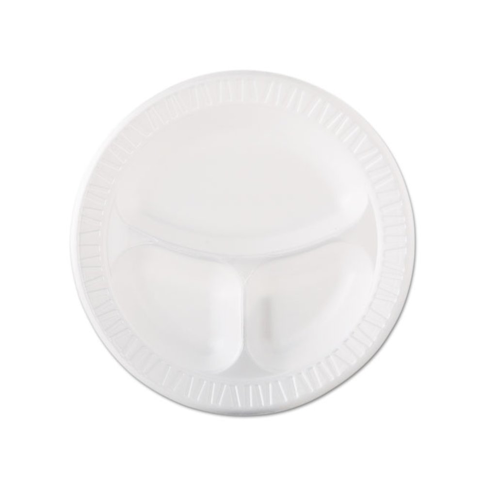 Quiet Class Laminated Foam Dinnerware, 3-Compartment Plate, 10.25" dia, White, 125/Pack, 4 Packs/Carton. Picture 1