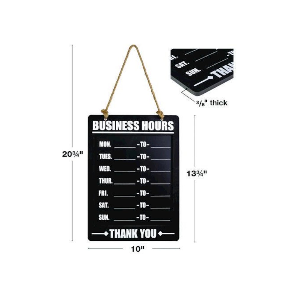 Business Hours Indoor/Outdoor Hanging Chalkboard, 10 x 0.38 x 20.75, Black/White. Picture 3