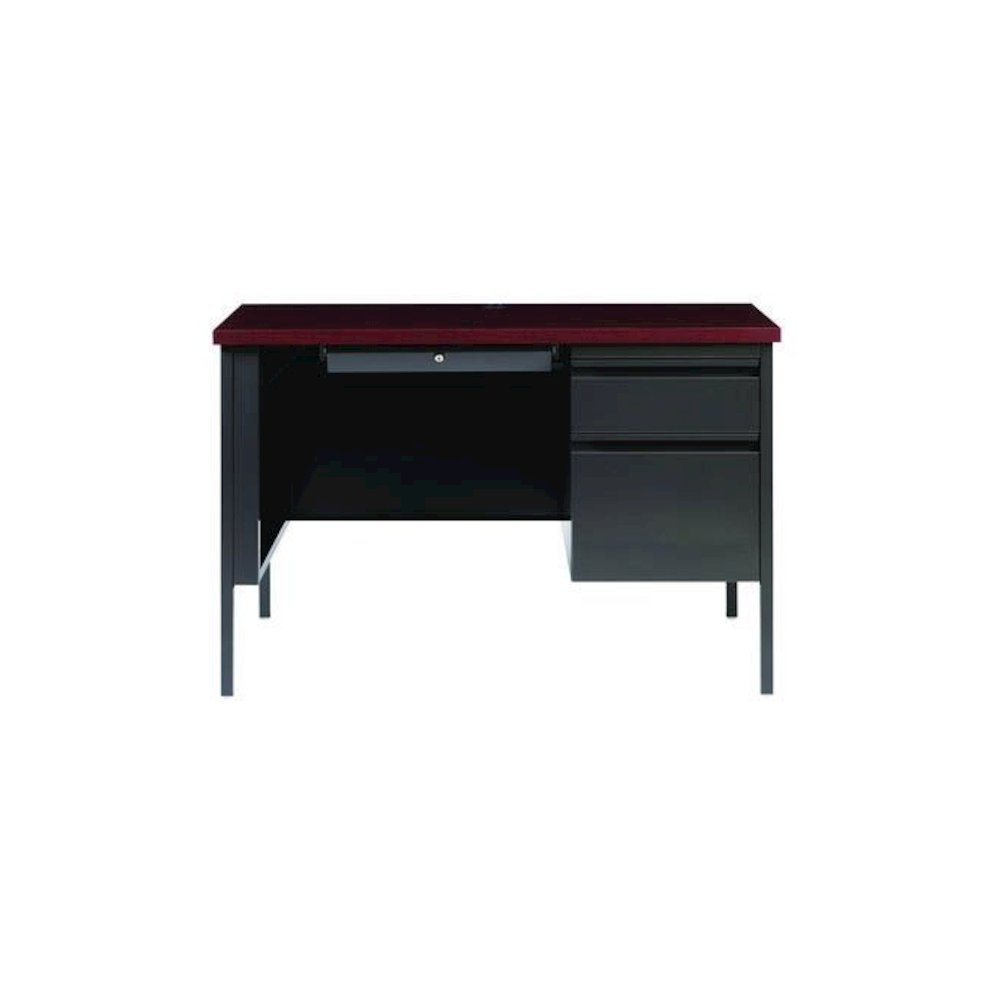 Single Pedestal Steel Desk, 45" x 24" x 29.5", Mahogany/Charcoal, Charcoal Legs. Picture 2