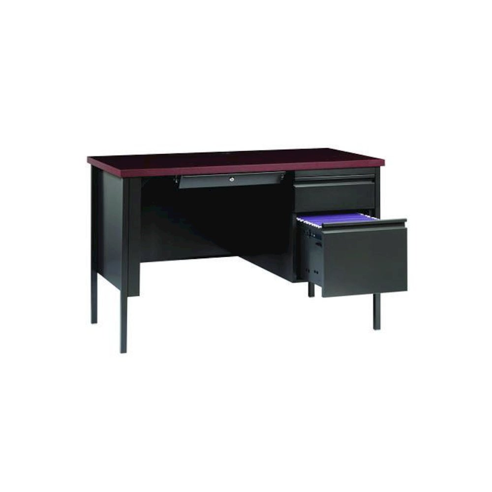 Single Pedestal Steel Desk, 45" x 24" x 29.5", Mahogany/Charcoal, Charcoal Legs. Picture 4