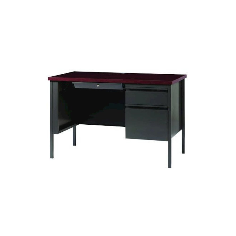 Single Pedestal Steel Desk, 45" x 24" x 29.5", Mahogany/Charcoal, Charcoal Legs. Picture 3