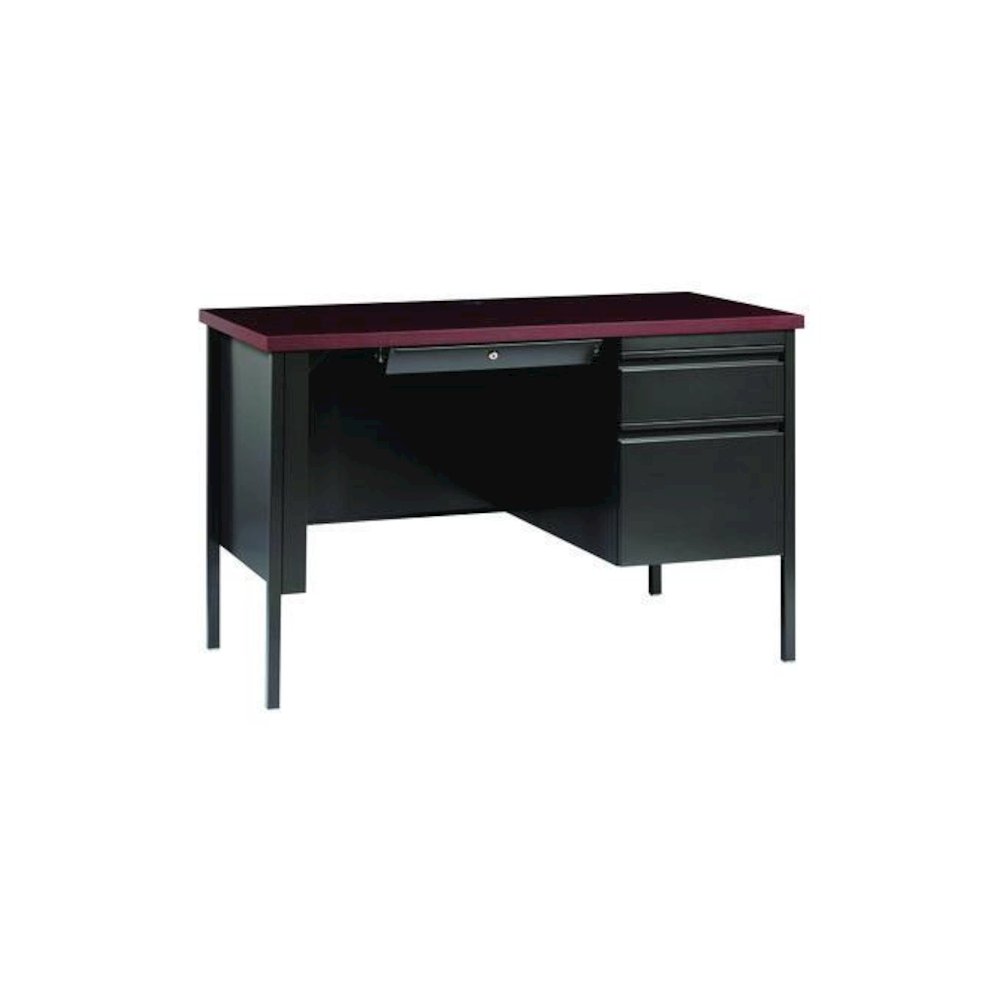 Single Pedestal Steel Desk, 45" x 24" x 29.5", Mahogany/Charcoal, Charcoal Legs. Picture 1