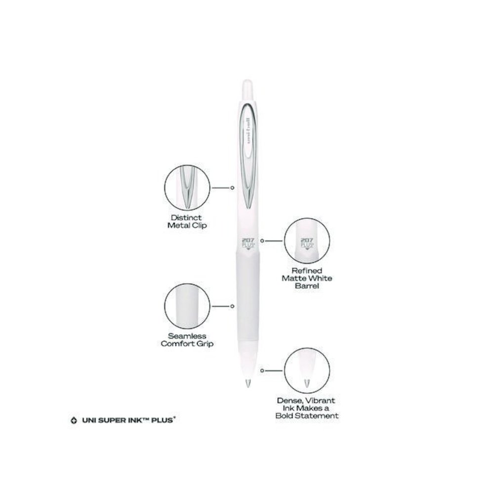 207 Plus+ Gel Pen, Retractable, Medium 0.7 mm, Black Ink, White Barrel, Dozen. Picture 7