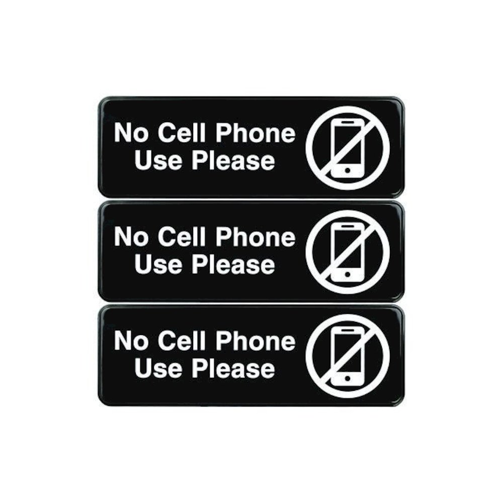 No Cell Phone Use Please Indoor/Outdoor Wall Sign, 9 x 3, Black Face, White Graphics, 3/Pack. Picture 1