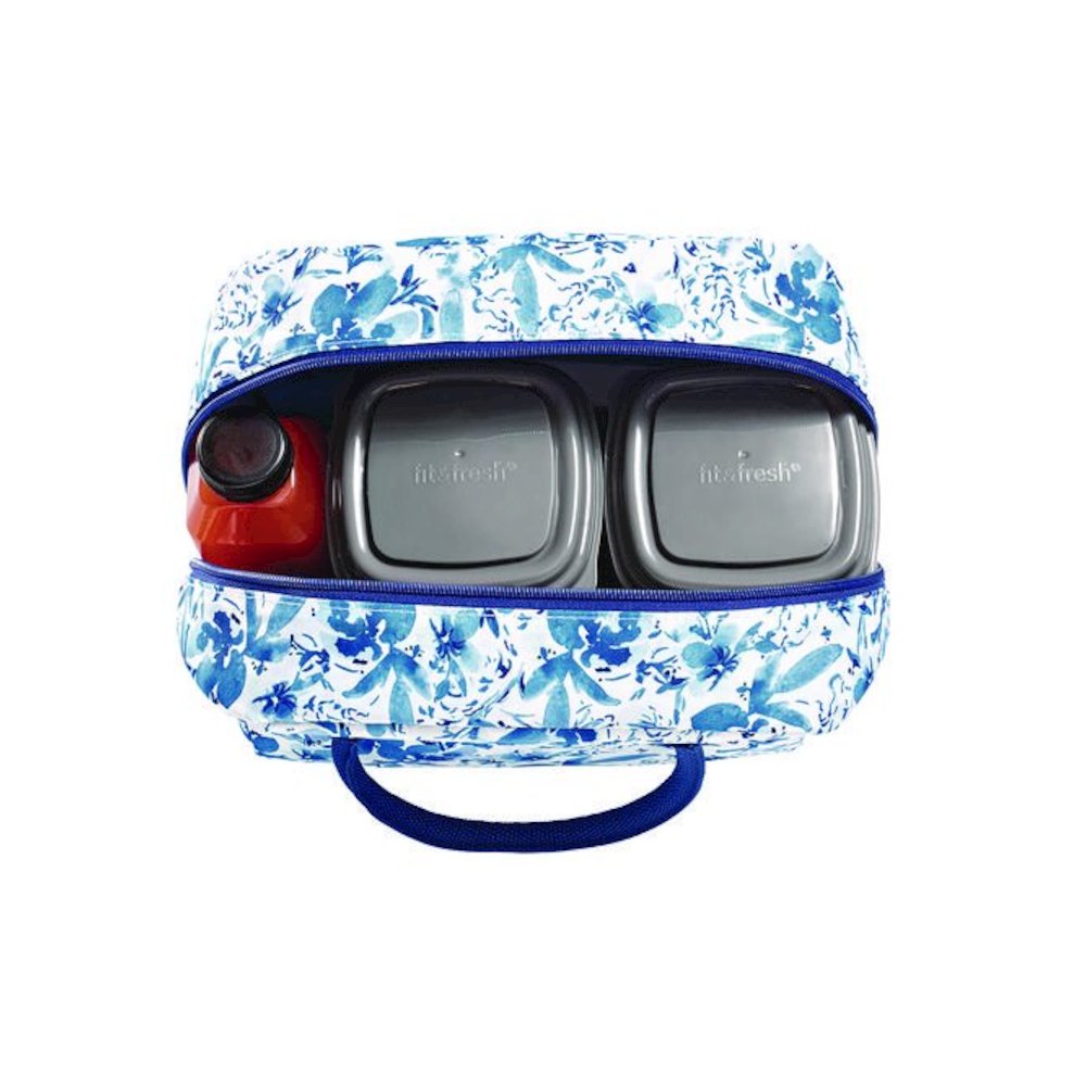 Simplified Lunch Bag with 4 Food Containers, 9 x 6 x 10, Blue Floral. Picture 2