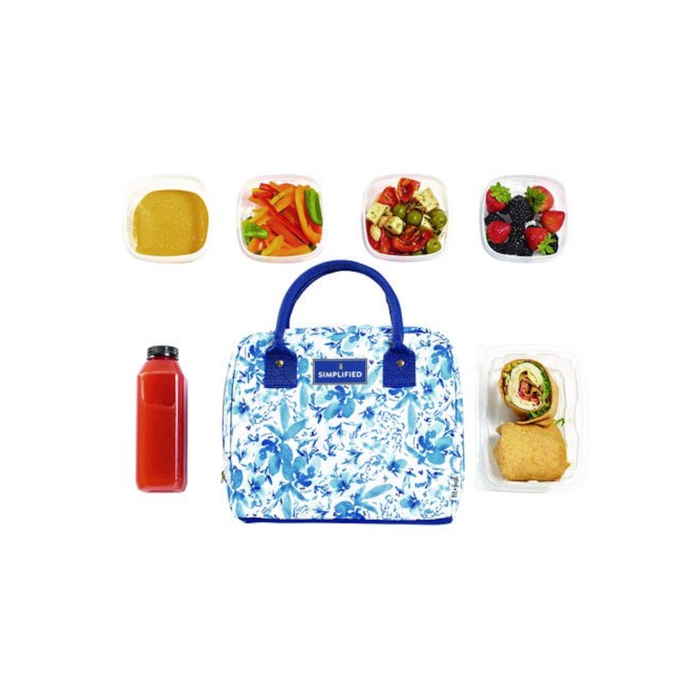 Simplified Lunch Bag with 4 Food Containers, 9 x 6 x 10, Blue Floral. Picture 3