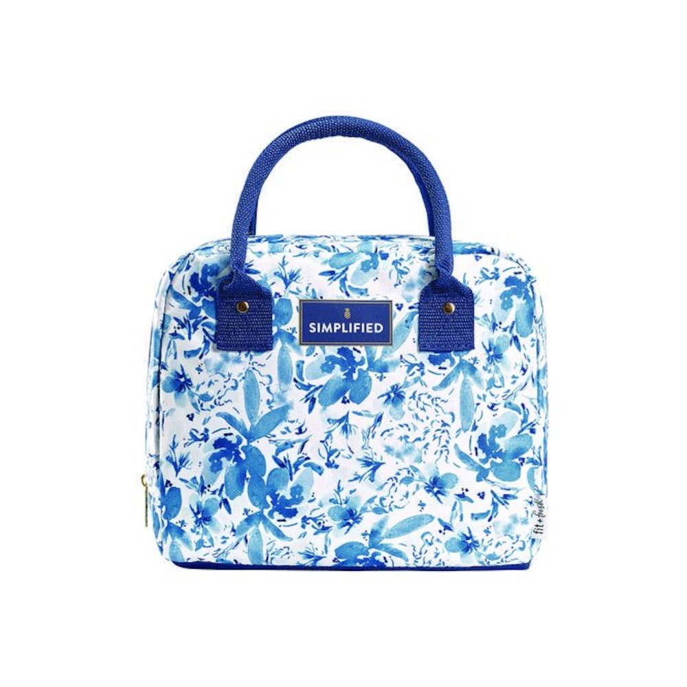 Simplified Lunch Bag with 4 Food Containers, 9 x 6 x 10, Blue Floral. Picture 1