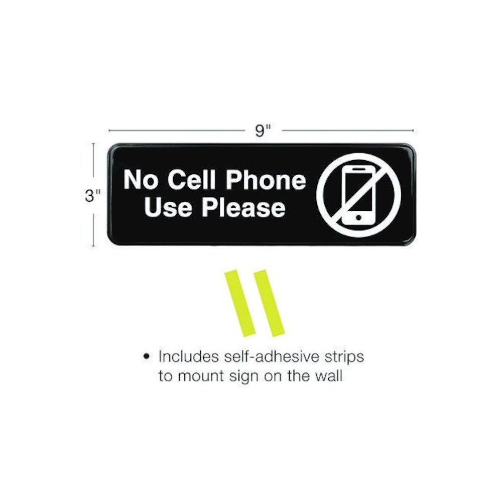 No Cell Phone Use Please Indoor/Outdoor Wall Sign, 9 x 3, Black Face, White Graphics, 3/Pack. Picture 2