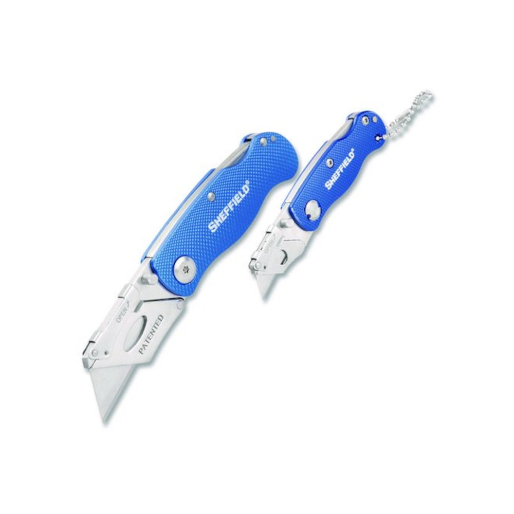 Folding Lock Back Utility Knife Set, 1 Standard, 1 Mini, Blue. Picture 1