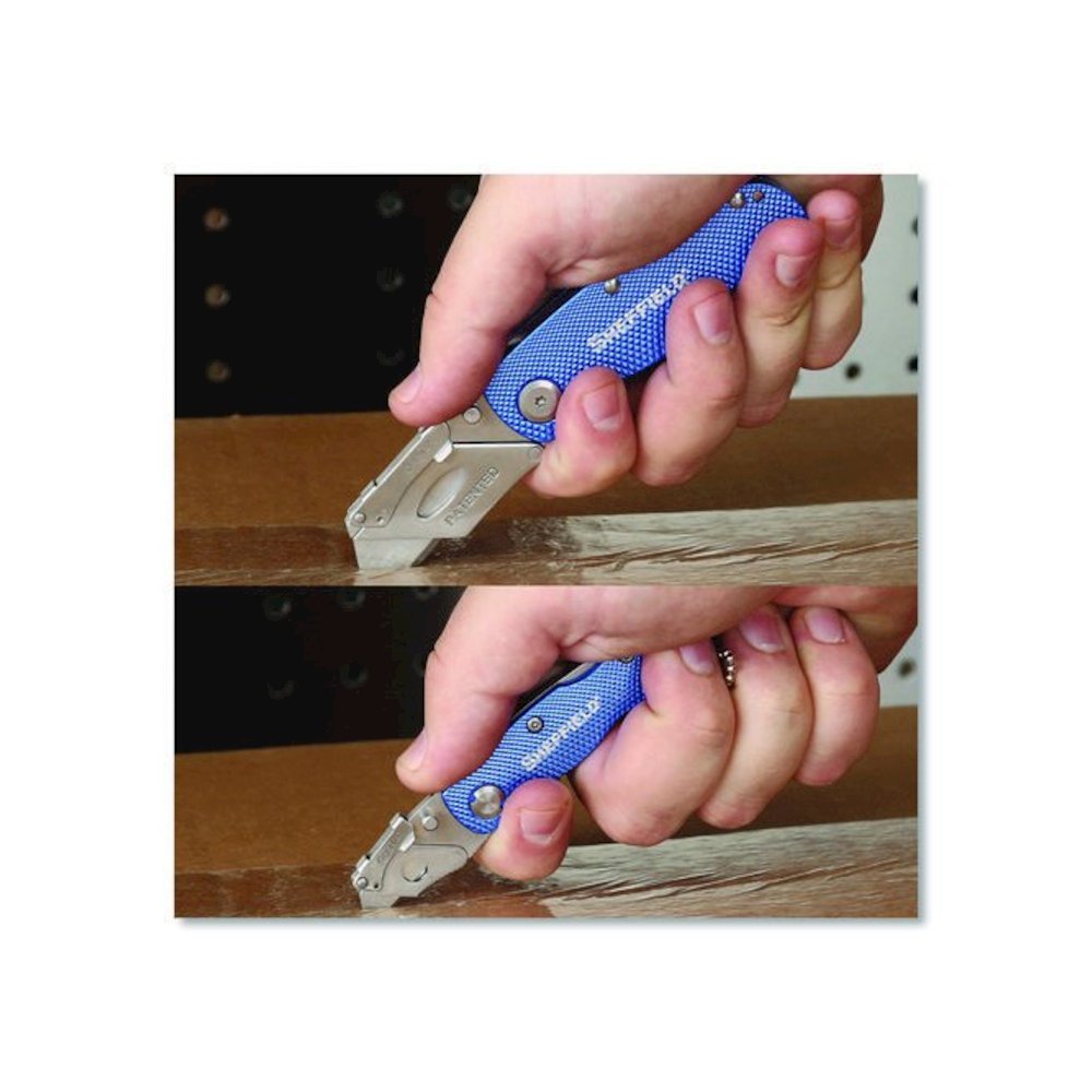 Folding Lock Back Utility Knife Set, 1 Standard, 1 Mini, Blue. Picture 7