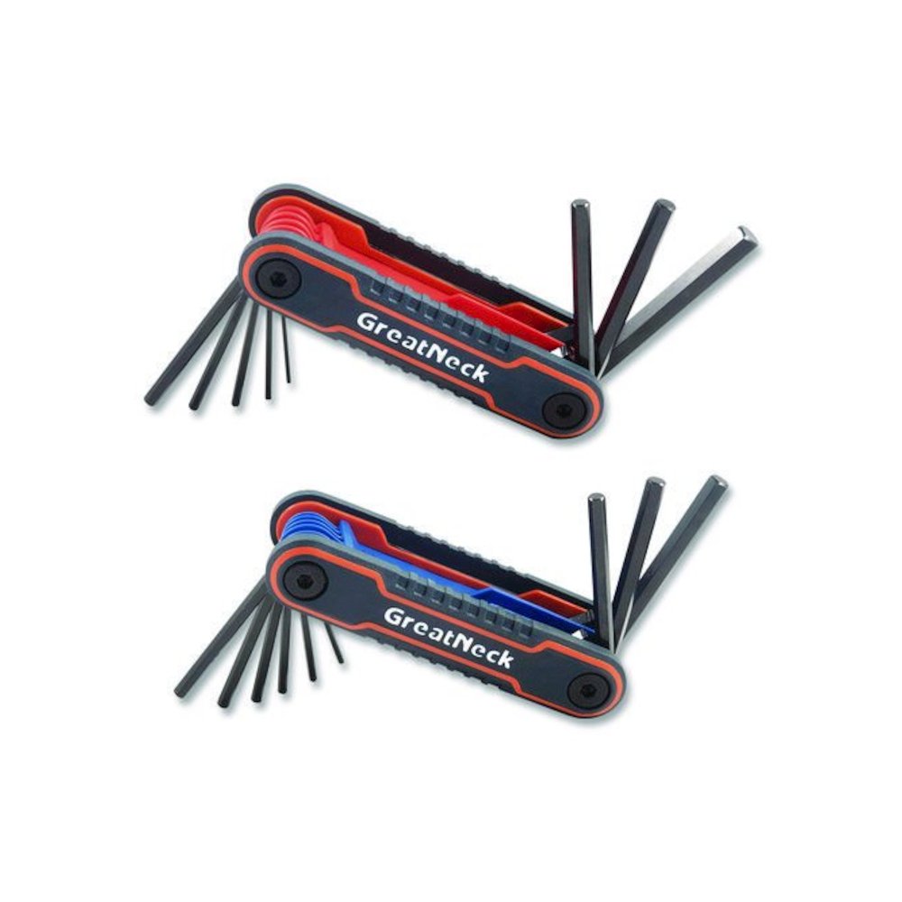 Hex Key Fold-Up Tool Set, Two-Piece, Metric/SAE, Black-Oxide/Blue (SAE), Black-Oxide/Red (Metric). Picture 1