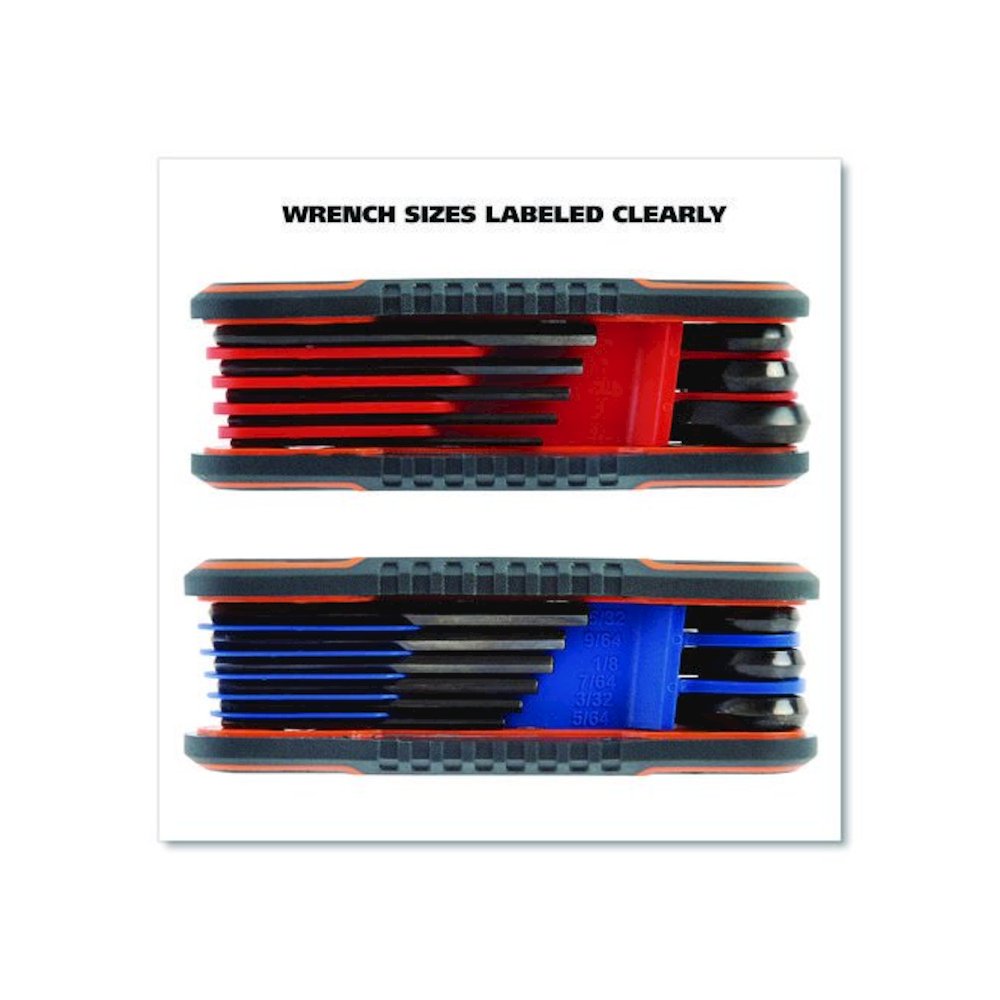 Hex Key Fold-Up Tool Set, Two-Piece, Metric/SAE, Black-Oxide/Blue (SAE), Black-Oxide/Red (Metric). Picture 5