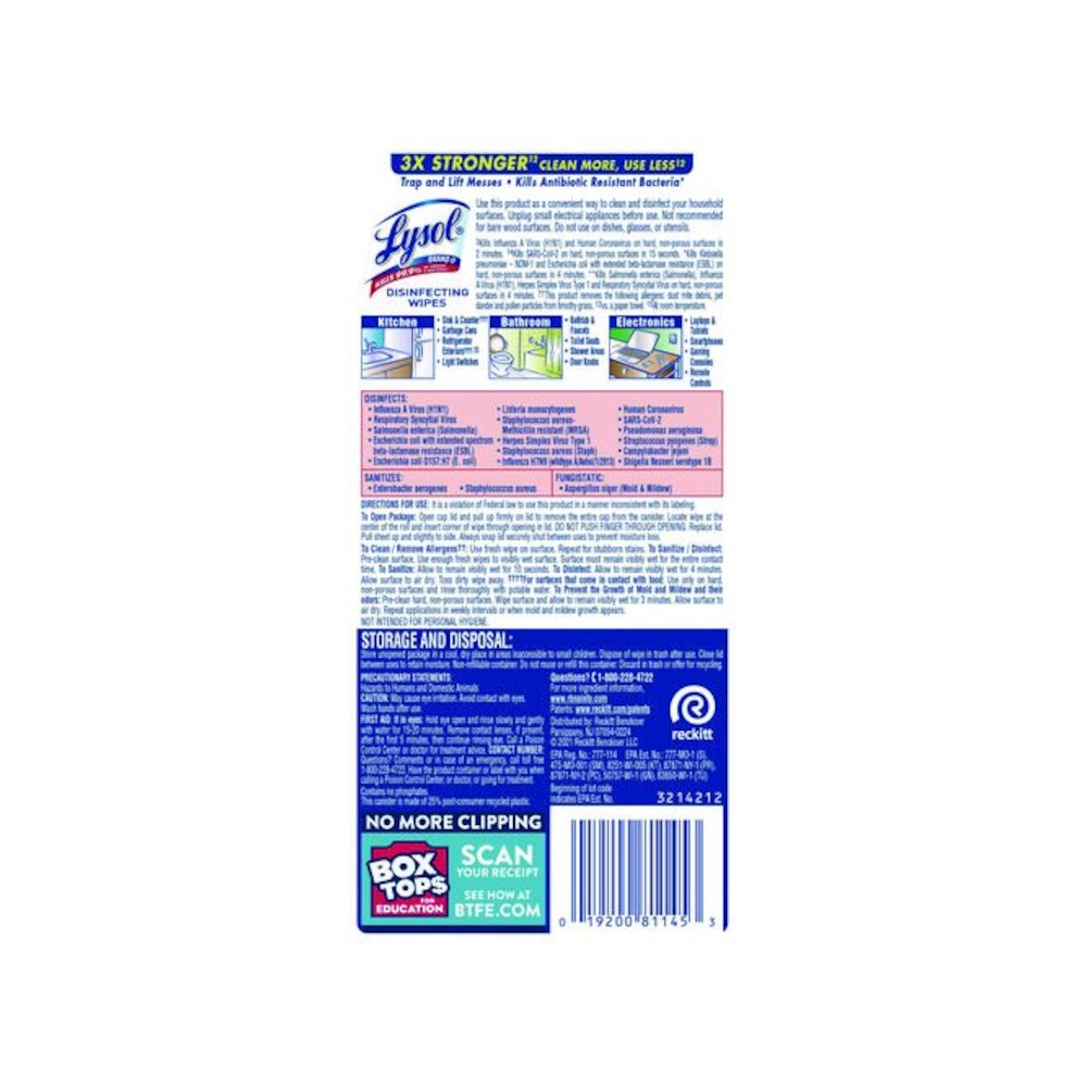 Disinfecting Wipes, 1-Ply, 7 x 7.25, Lemon and Lime Blossom, White, 35 Wipes/Canister, 12 Canisters/Carton. Picture 6